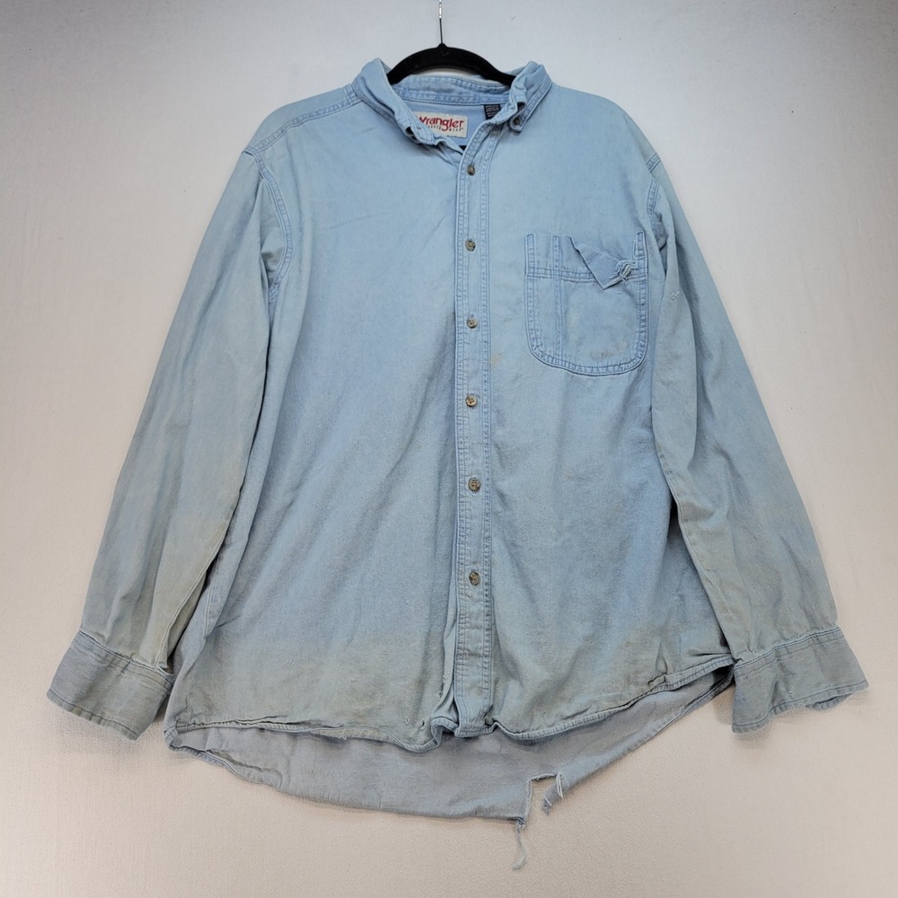 Wrangler Thrashed Denim Shirt Mens XL Blue Rugged Wear Distressed Long Sleeve